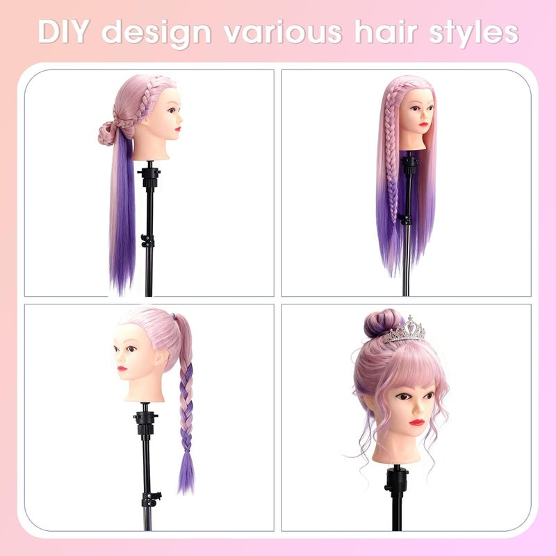 TopDirect 29" Mannequin Head with Hair,Doll Head for Cosmetology Hair Styling Training Head,Manikin Braiding Head With Clamp Holder and Styling Tools (Pink Purple) - Image 2